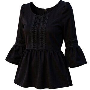 Women's Black Embroidered Accents Scoop Neck Flutter-Sleeved Blouse